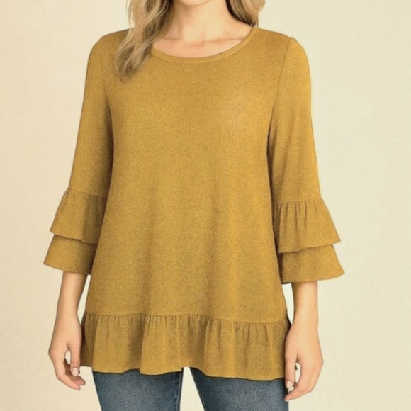 Nally & Millie Tops - Nally & Millie Mustard Textured Tunic Top Ruffled Hem & Layered Bell Sleeves